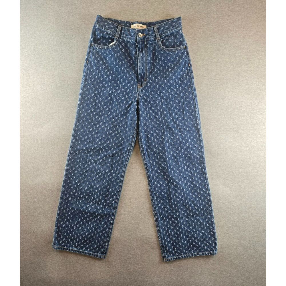 RAY‎ BEAMS Women's Jacquard Denim Pants Indigo Short Fringe Embroidered Sz 1 27W